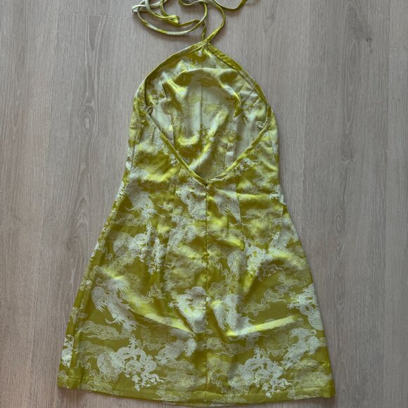 Custom Satin Dragon Brocade Halter Mini Dress Chartreuse Lime Green Size Small - Picture 2 of 2